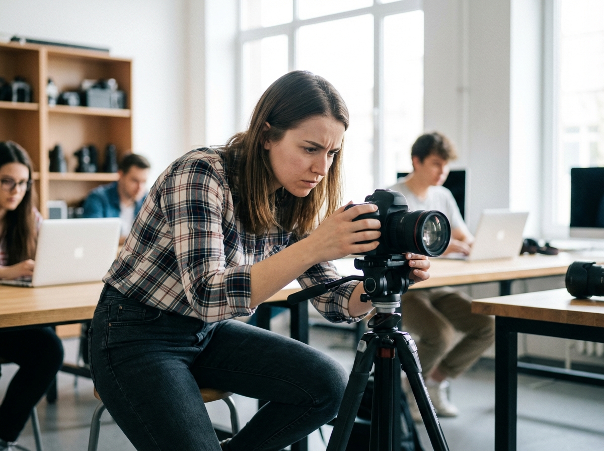 Jeune femme ajustant un appareil photo en classe moderne