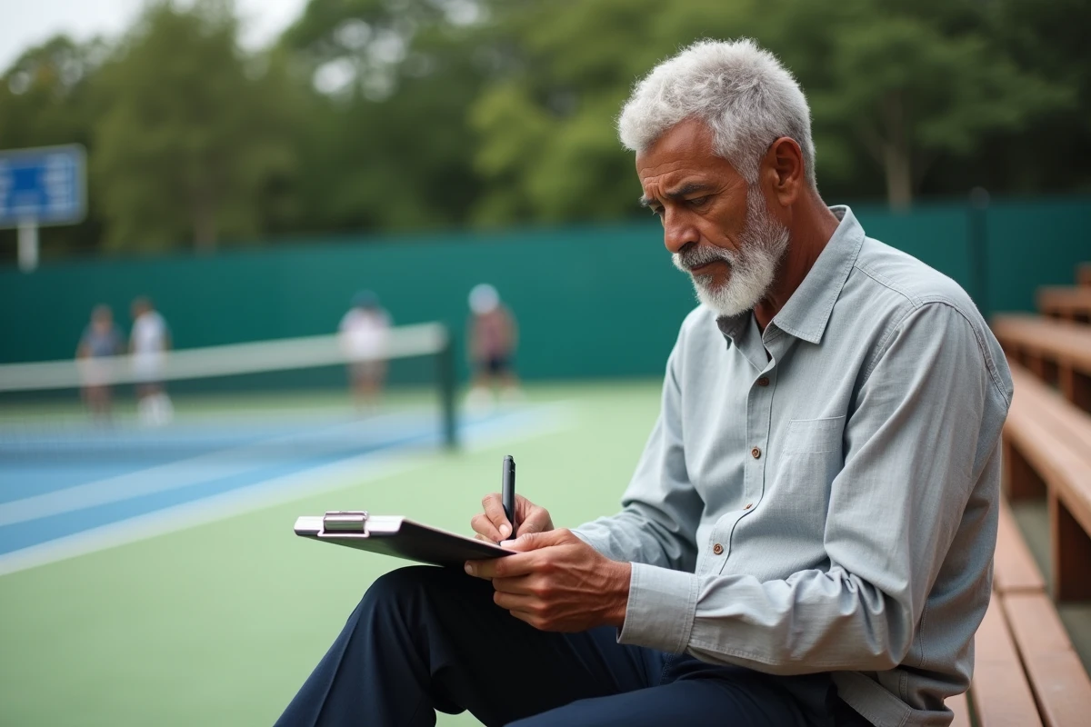 Homme d'origine caribéenne assis sur des gradins près d'un court de tennis, consultant des notes, représentant la figure paternelle et l'entraîneur inspiré par Leonard François