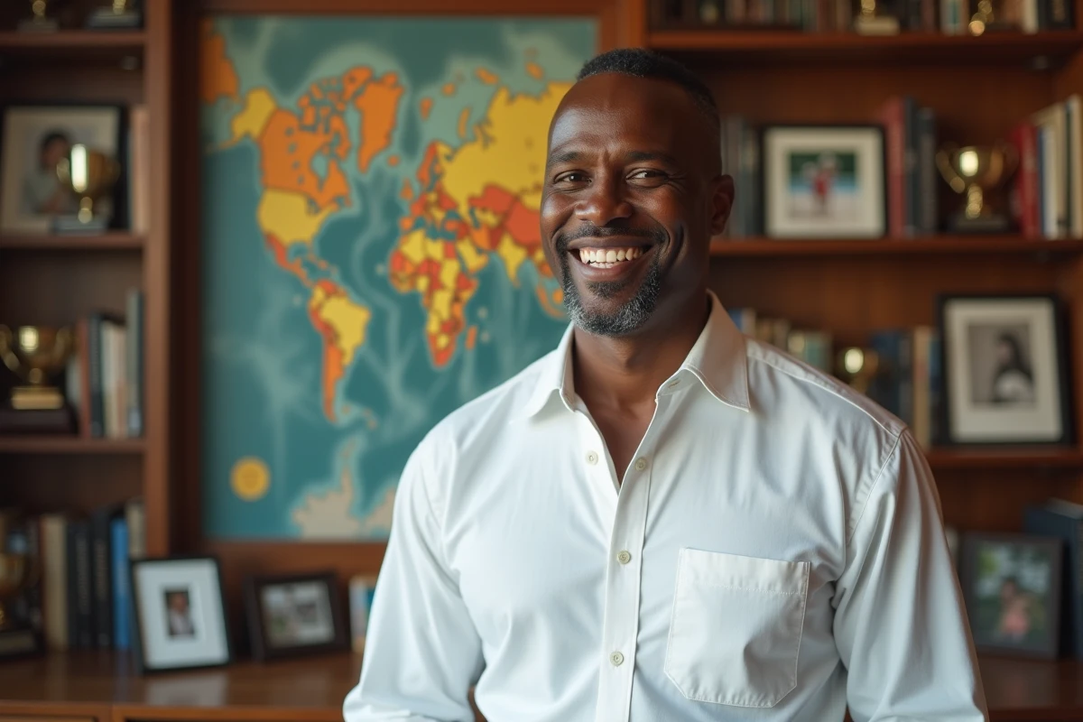 Homme d'héritage haïtien et japonais souriant devant un mur de photos de tennis dans un bureau personnel, illustrant l'héritage culturel et l'influence de Leonard François sur la carrière de Naomi Osaka