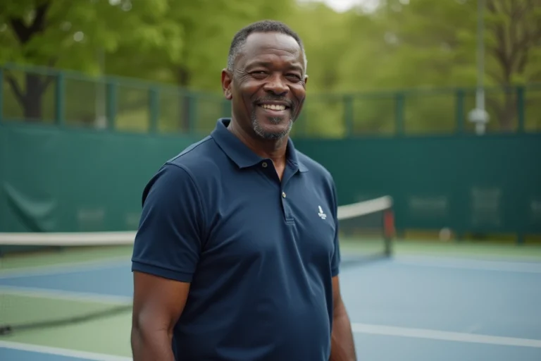 Portrait d'un homme d'origine haïtienne tenant une raquette de tennis sur un court urbain, évoquant le rôle de père entraîneur de Leonard François, père de Naomi Osaka