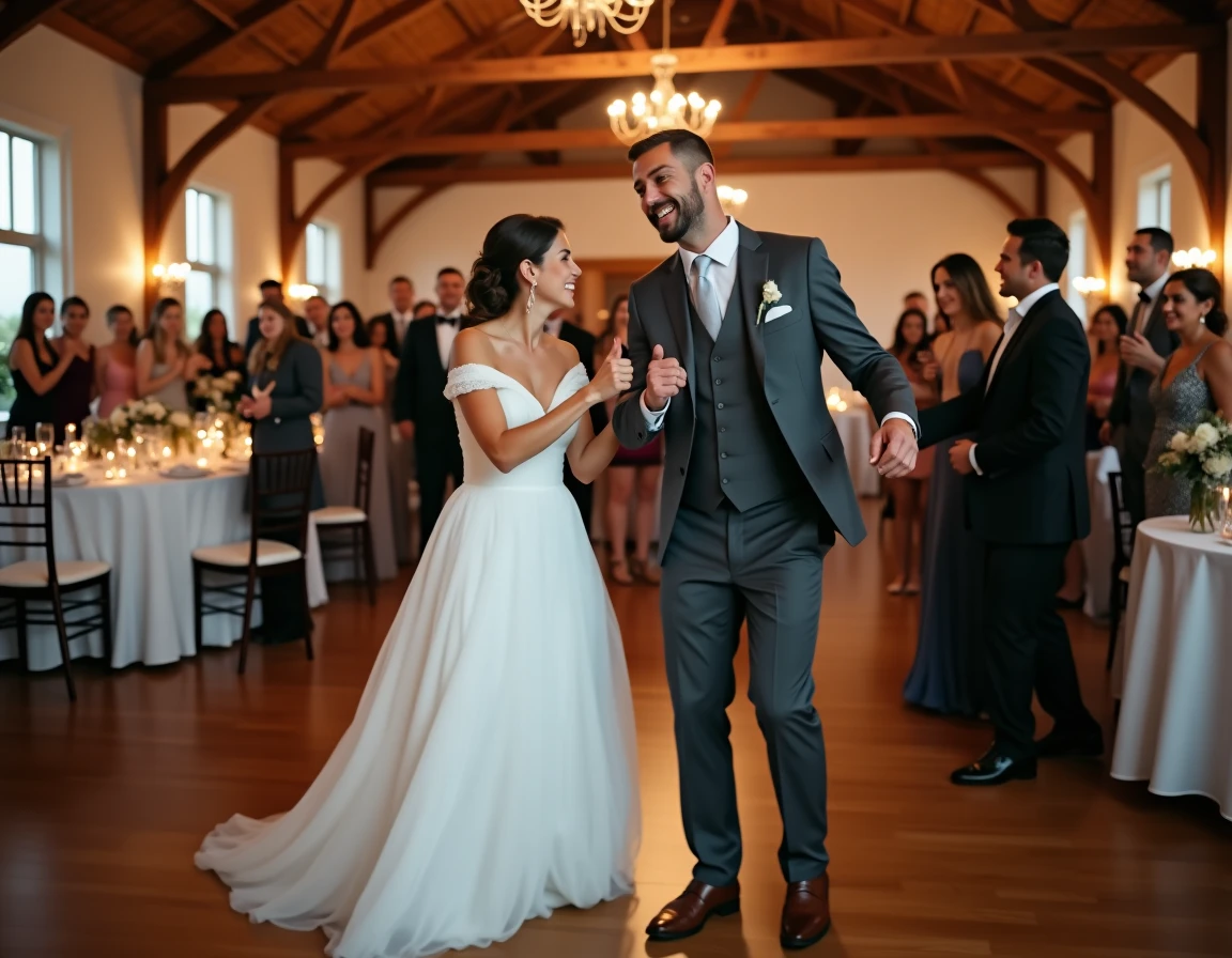 Mariés et invités en train de danser la Madison ensemble lors d'une réception de mariage élégante