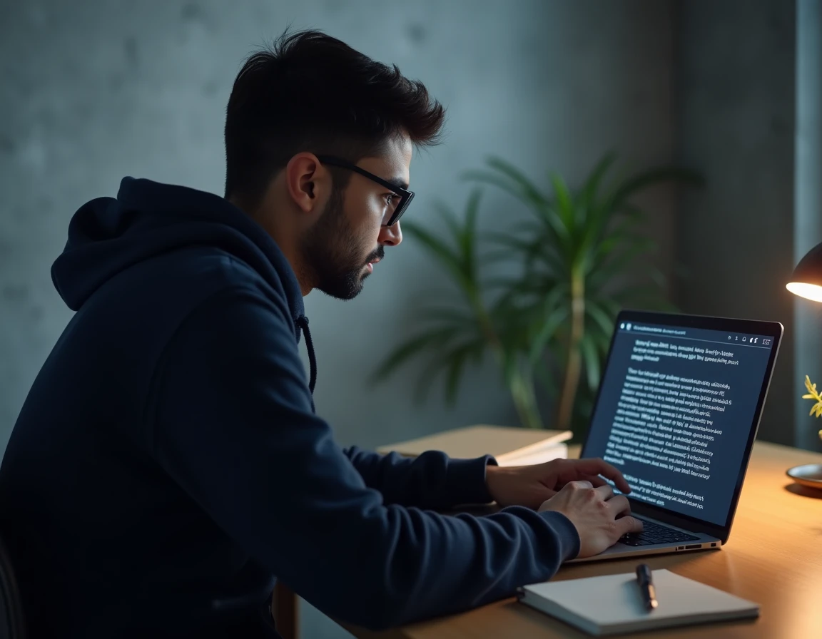 Homme utilisant un ordinateur portable avec une interface wiki sombre pour une navigation anonyme et sécurisée