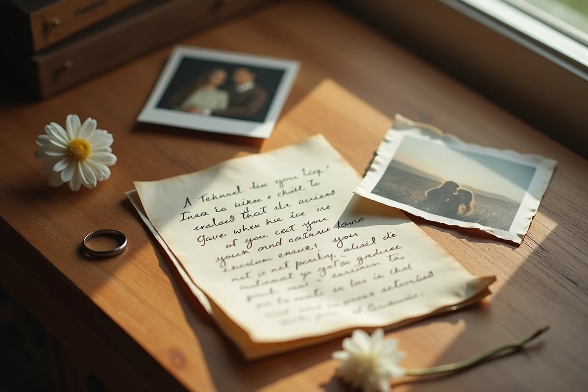 Objets souvenirs personnels sur une table en bois évoquant les secrets et la mémoire d'une relation passée