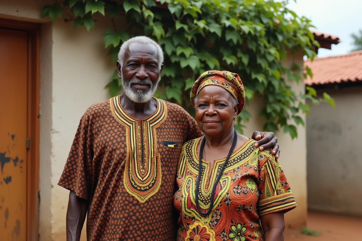 Couple africain âgé en tenues traditionnelles posant devant leur maison familiale avec fierté