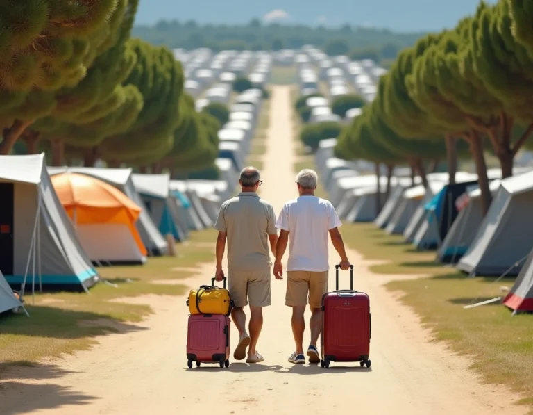 Vue panoramique du plus grand camping d'Europe avec des rangées de tentes et mobil-homes au bord de la Méditerranée