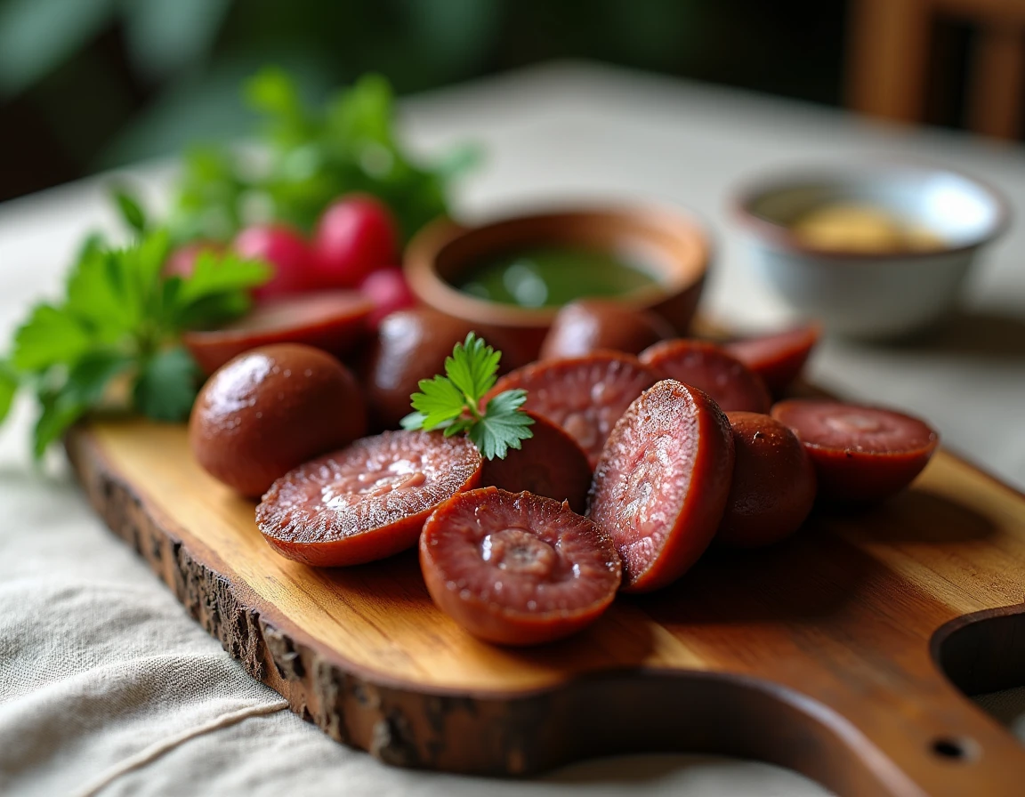 Présentation rustique de couilles de mouton grillées sur planche en bois avec sauce chimichurri et herbes fraîches