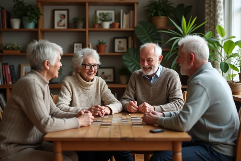Quatre seniors souriants jouent à un jeu de société dans un salon chaleureux