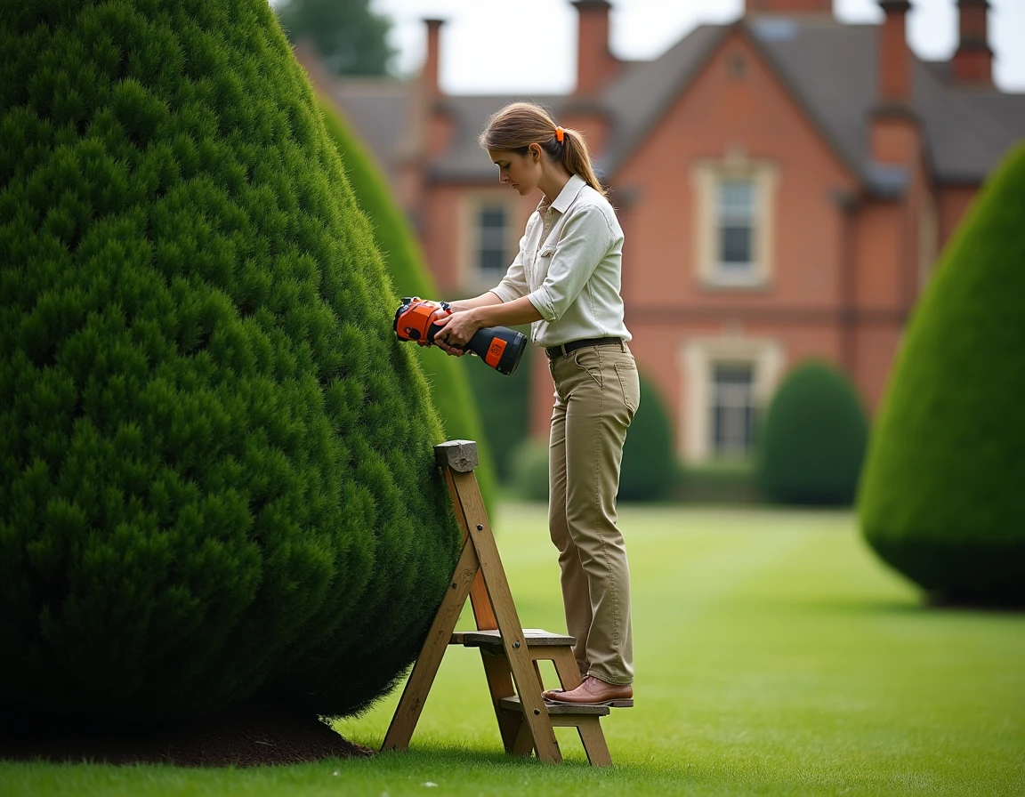 Femme sculptant une haie d'if en arche géométrique dans un jardin anglais classique avec maison en brique
