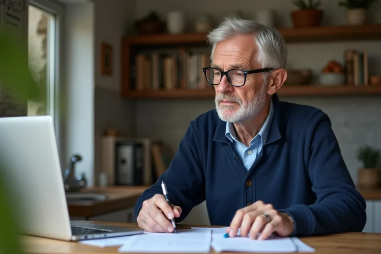 Senior homme de 60 ans consultant des documents administratifs sur le chômage à domicile
