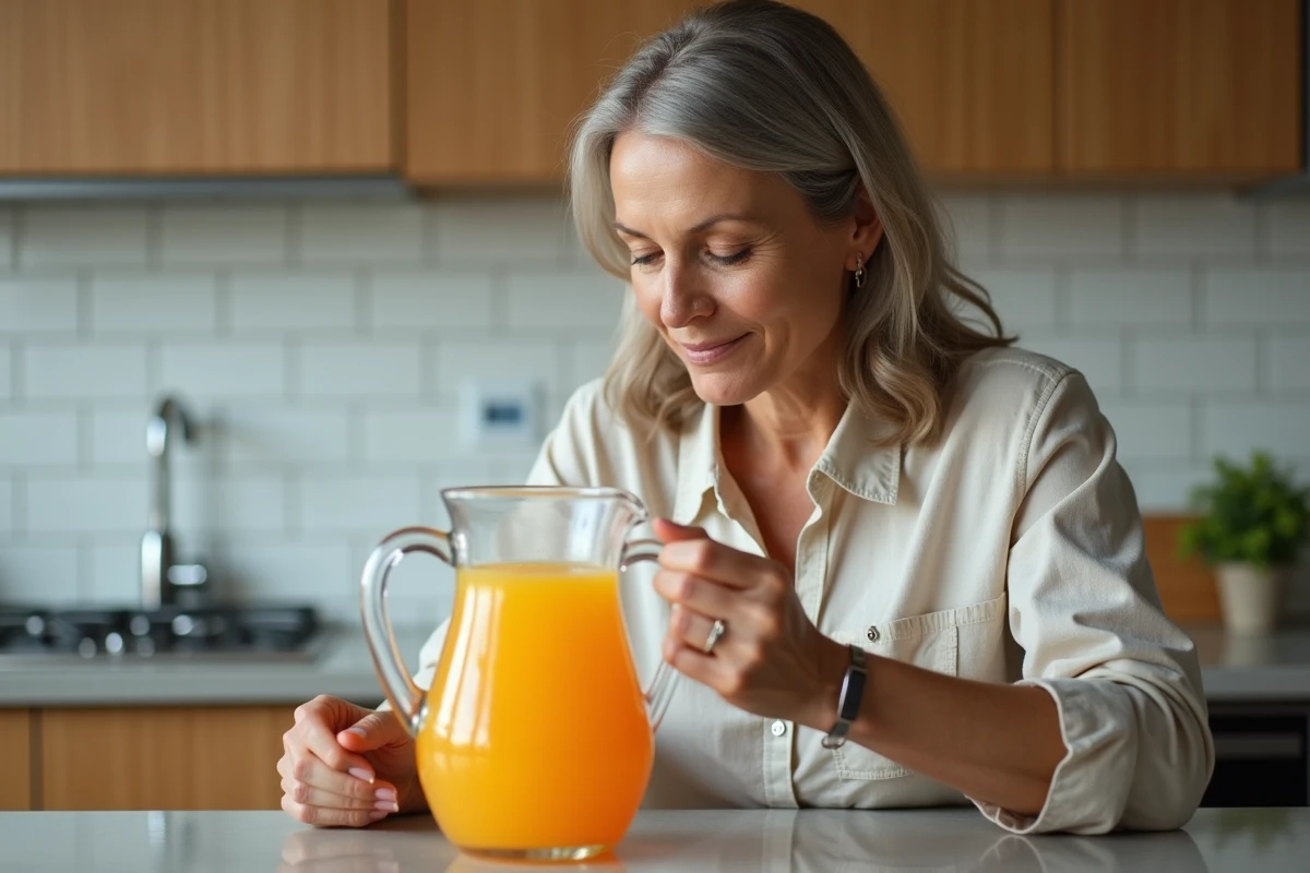 Femme vérifiant la fraîcheur d'un pichet de punch dans une cuisine domestique