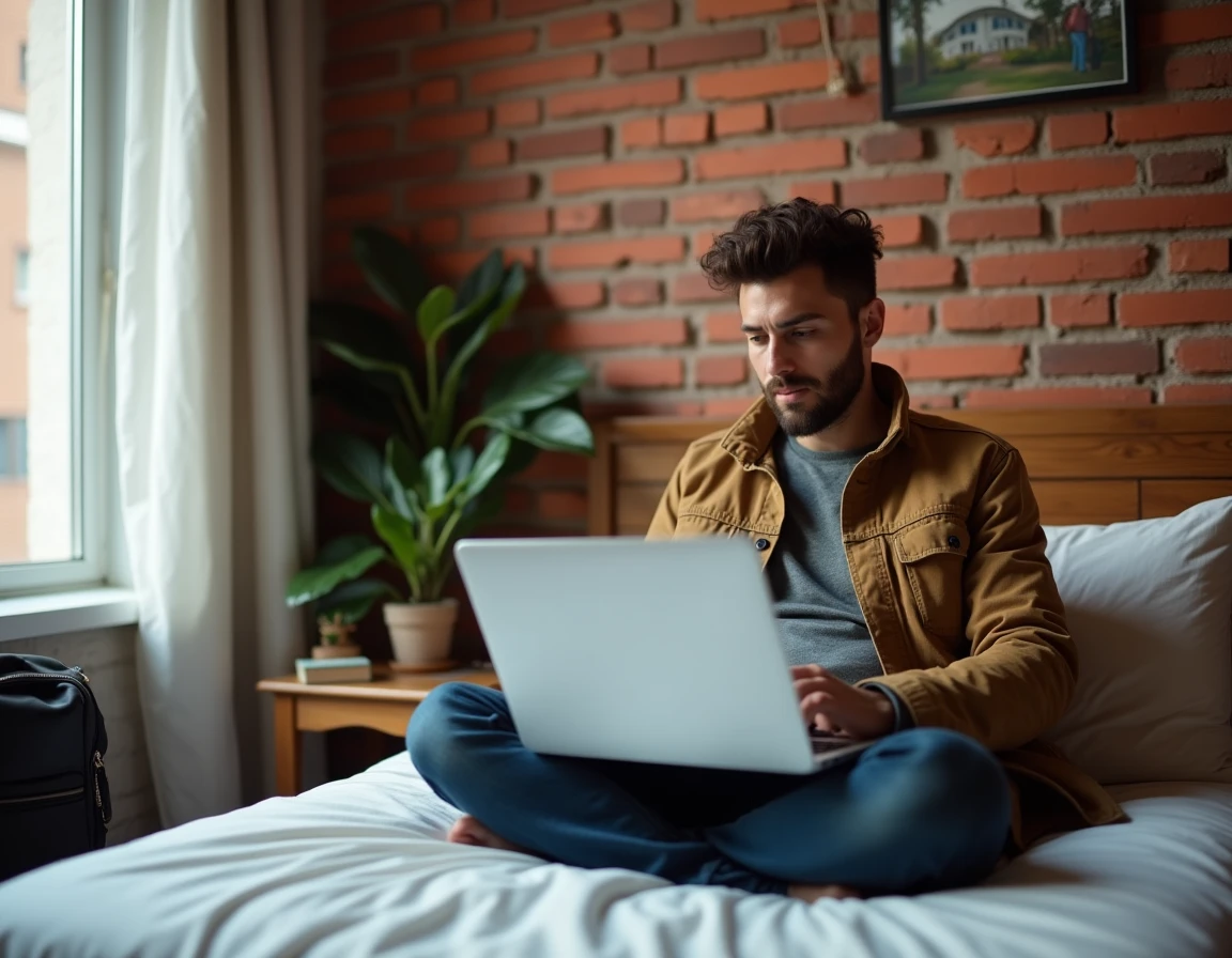 Voyageur seul assis sur un lit dans une chambre d'auberge de jeunesse confortable, recherchant des hébergements sur son ordinateur portable