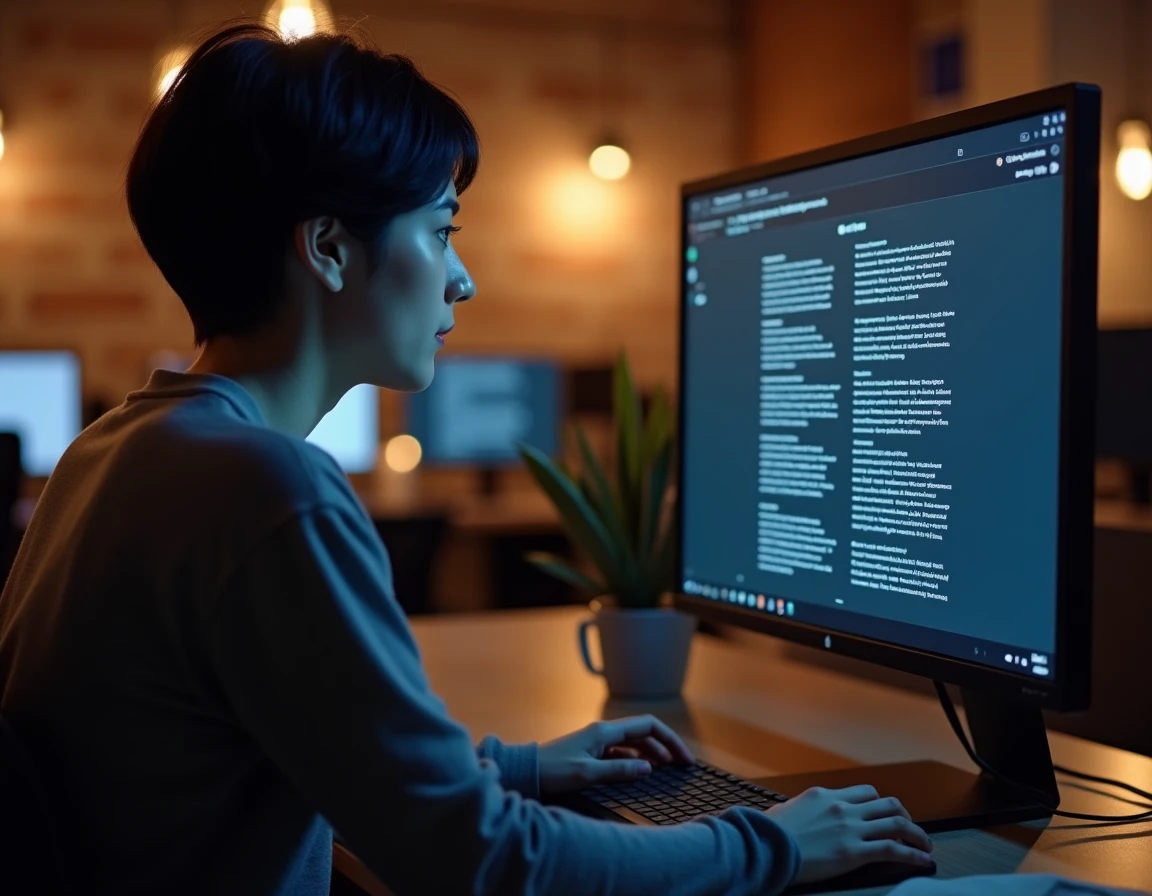 Femme consultant une interface wiki sécurisée en mode sombre dans un espace de coworking moderne