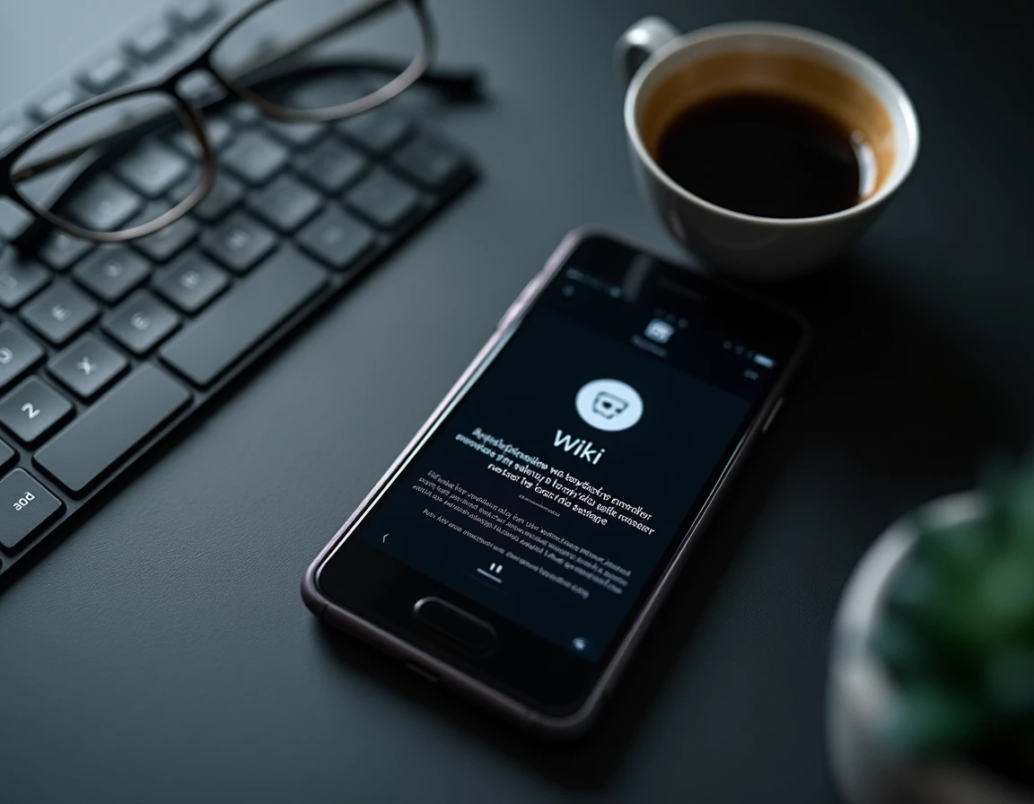 Vue en plongée d'un smartphone affichant une page wiki en mode sombre avec des fonctionnalités de navigation anonyme